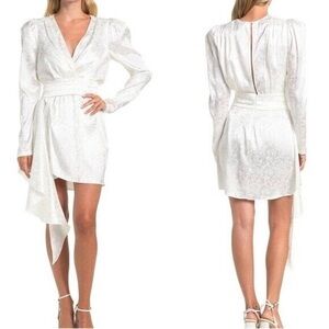 NWT Ronny Kobo Lilian Mob Wife White Satin Asymmetrical Puff Sleeve Mini Dress S